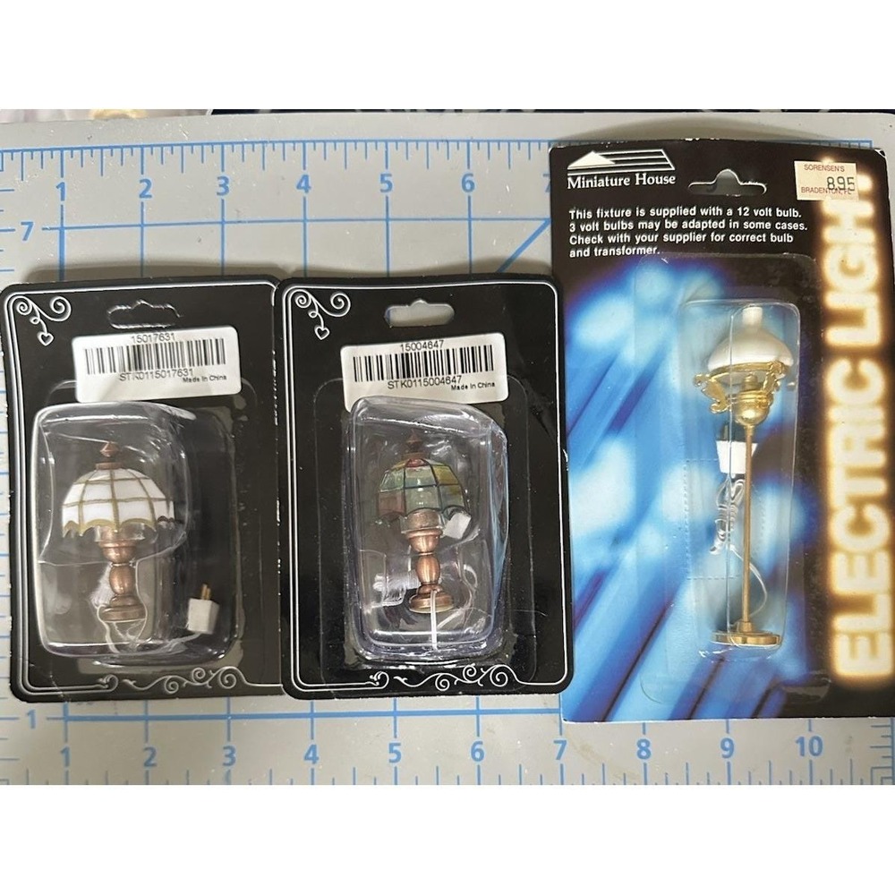 3 Dollhouse Miniature Electric Light Lamps Tiffany Style 1:12 Set Original Boxes